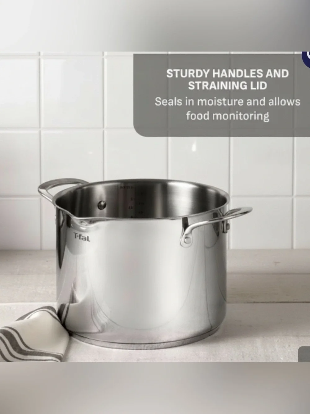 New T-fal 6qt Pour-over Stock Pot, Stainless Steel Cookware - Dishwasher Safe